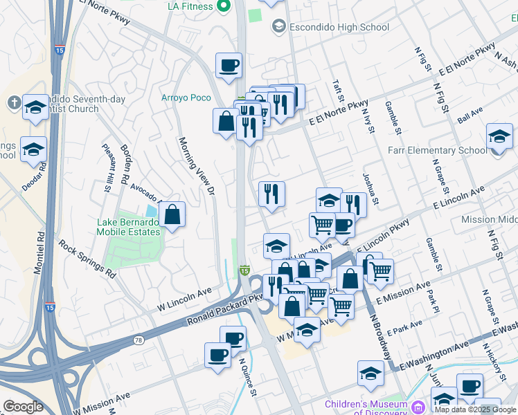 map of restaurants, bars, coffee shops, grocery stores, and more near North Escondido Boulevard & Decatur Way in Escondido