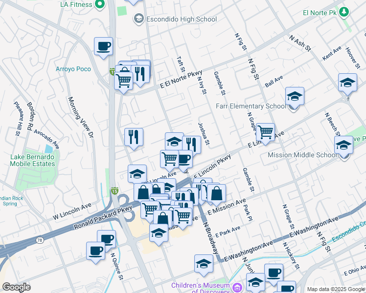 map of restaurants, bars, coffee shops, grocery stores, and more near 1068 North Broadway in Escondido