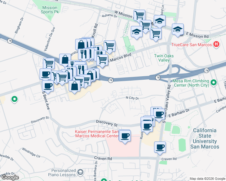 map of restaurants, bars, coffee shops, grocery stores, and more near 349 Discovery Street in San Marcos