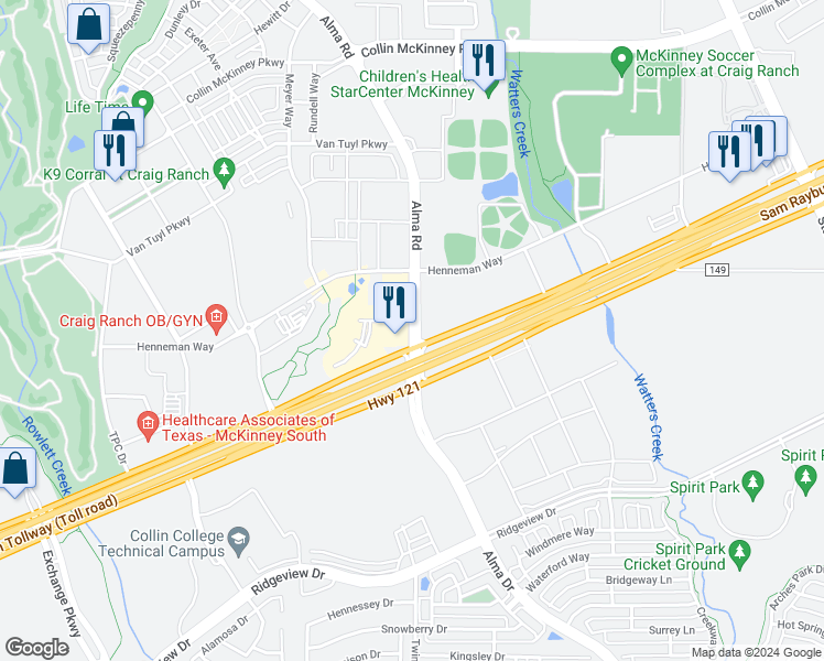 map of restaurants, bars, coffee shops, grocery stores, and more near 6706 Alma Road in Allen