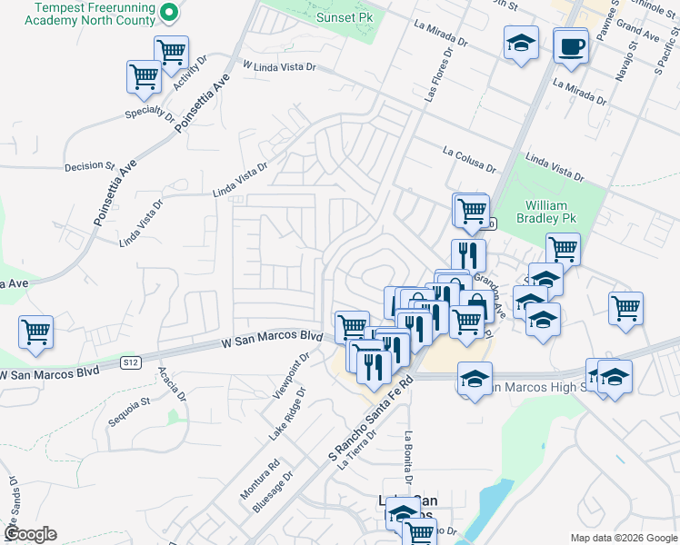 map of restaurants, bars, coffee shops, grocery stores, and more near Fir Street in San Marcos