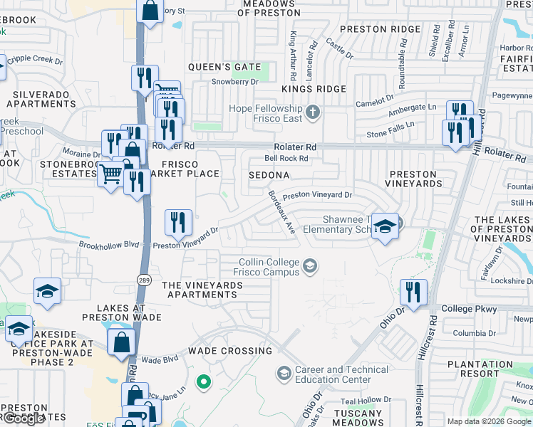 map of restaurants, bars, coffee shops, grocery stores, and more near 9825 Concord Drive in Frisco