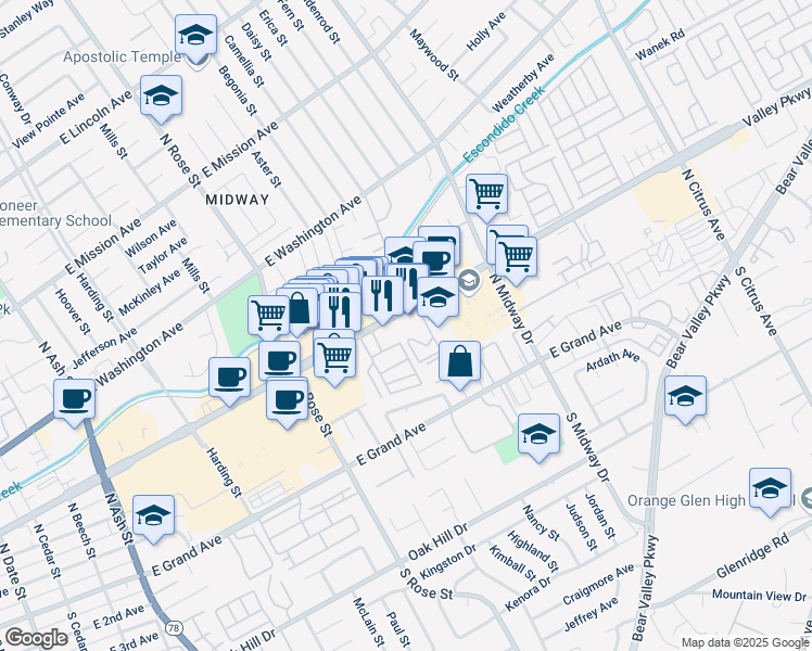 map of restaurants, bars, coffee shops, grocery stores, and more near 12 Angelus Avenue in Escondido