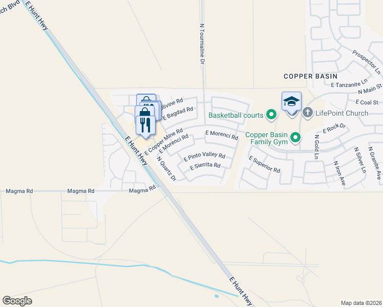 map of restaurants, bars, coffee shops, grocery stores, and more near 2904 East Sierrita Road in Queen Creek