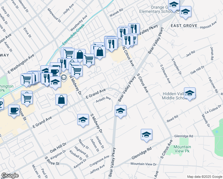 map of restaurants, bars, coffee shops, grocery stores, and more near 2121 East Grand Avenue in Escondido