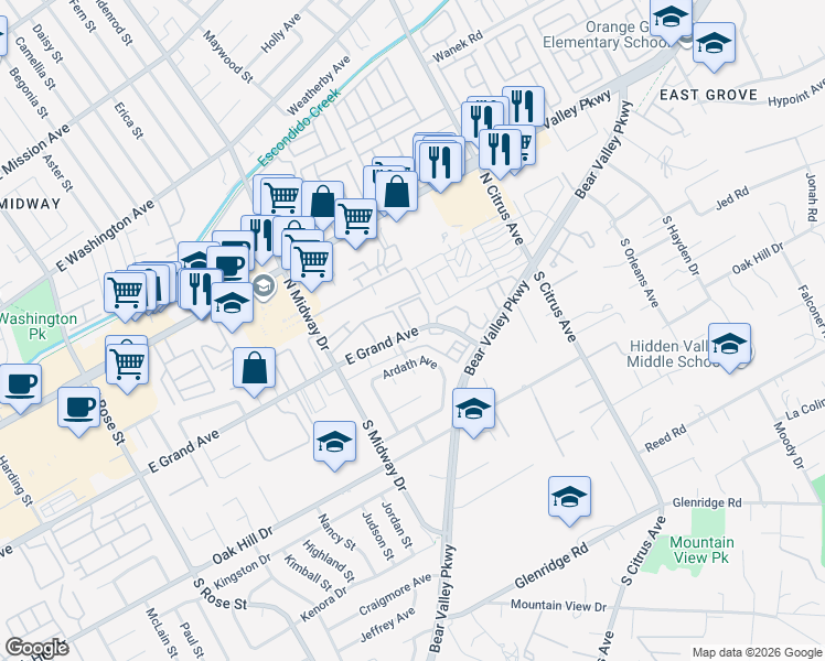map of restaurants, bars, coffee shops, grocery stores, and more near 2130 Ardath Avenue in Escondido