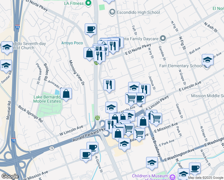 map of restaurants, bars, coffee shops, grocery stores, and more near 1120 North Escondido Boulevard in Escondido