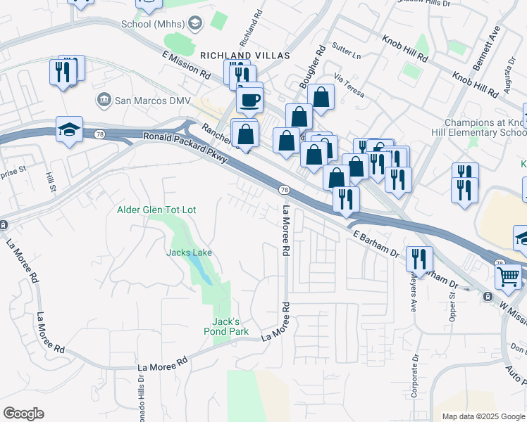 map of restaurants, bars, coffee shops, grocery stores, and more near 958 Mira Lago Way in San Marcos