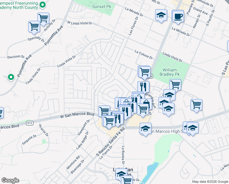 map of restaurants, bars, coffee shops, grocery stores, and more near 650 South Rancho Santa Fe Road in San Marcos