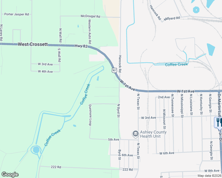 map of restaurants, bars, coffee shops, grocery stores, and more near 1606 McDaniel Road in Crossett