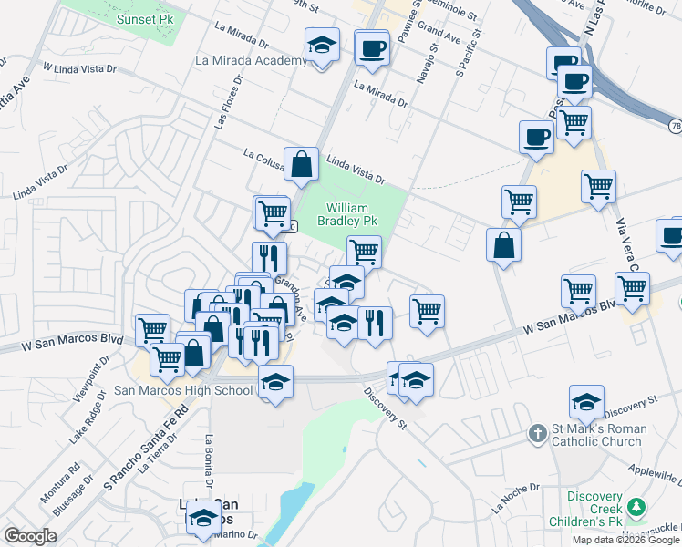 map of restaurants, bars, coffee shops, grocery stores, and more near 533 Beverly Place in San Marcos