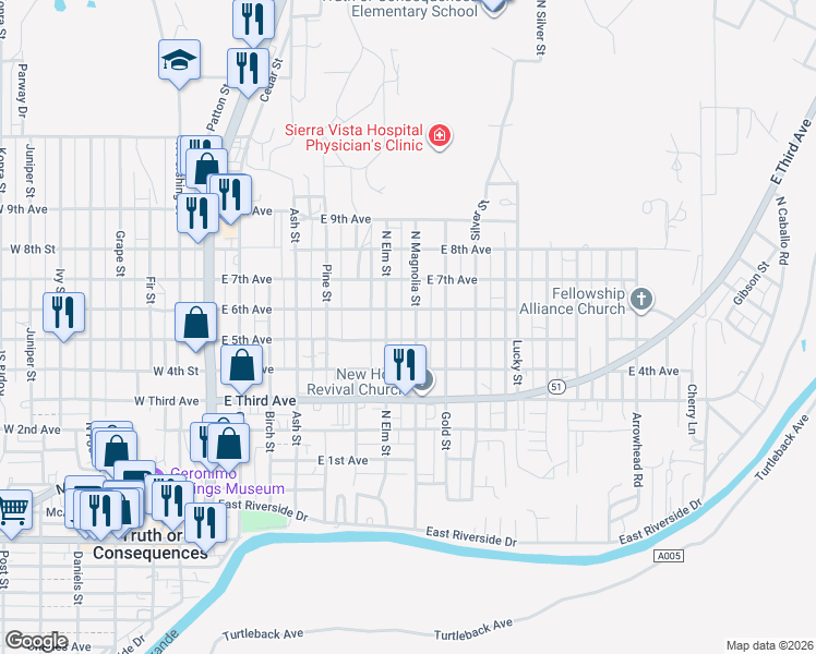 map of restaurants, bars, coffee shops, grocery stores, and more near 401-499 Magnolia St in Truth or Consequences