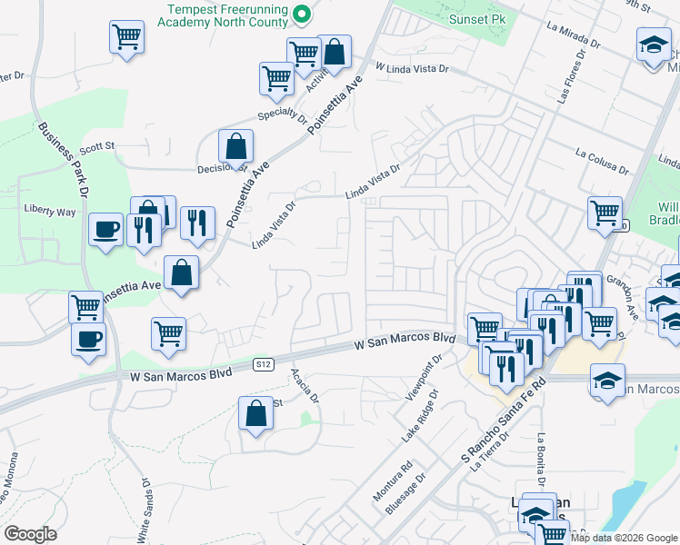 map of restaurants, bars, coffee shops, grocery stores, and more near 654 Hillhaven Drive in San Marcos
