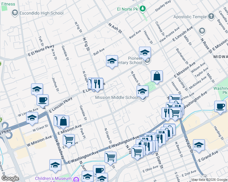 map of restaurants, bars, coffee shops, grocery stores, and more near 908 North Fig Street in Escondido