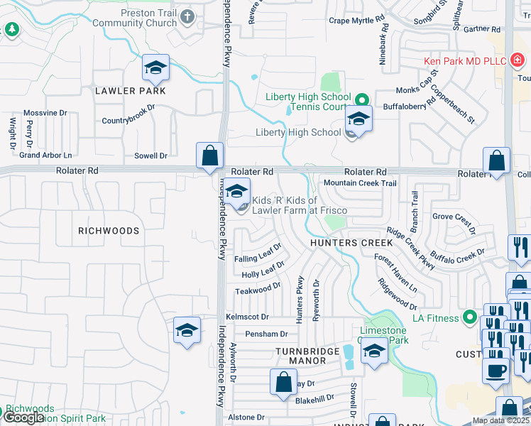 map of restaurants, bars, coffee shops, grocery stores, and more near 7 Haywood Court in Frisco