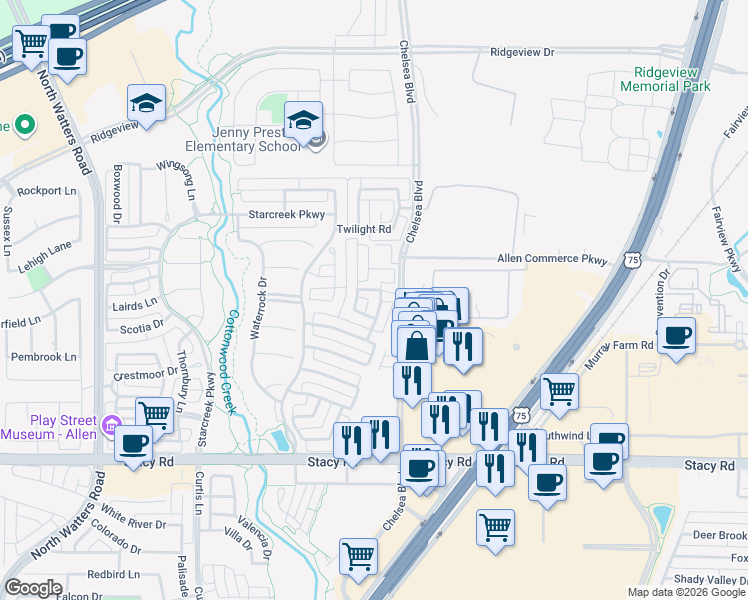 map of restaurants, bars, coffee shops, grocery stores, and more near 2243 Big Valley Road in Allen