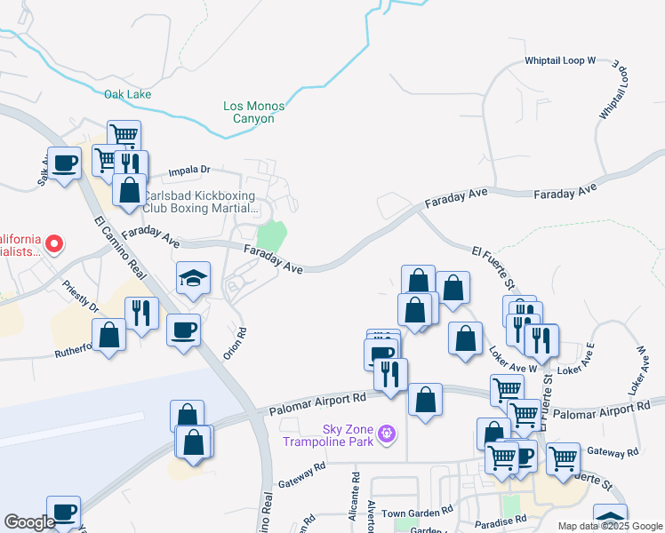 map of restaurants, bars, coffee shops, grocery stores, and more near Faraday Ave in Carlsbad