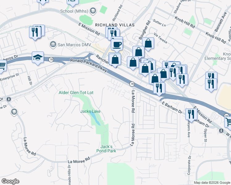 map of restaurants, bars, coffee shops, grocery stores, and more near 2907 Faye Drive in San Marcos