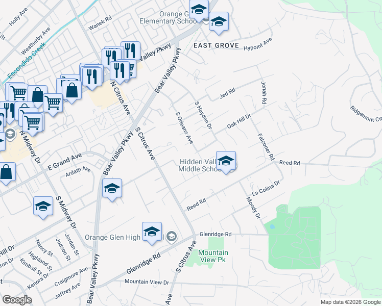 map of restaurants, bars, coffee shops, grocery stores, and more near 496 South Citrus Avenue in Escondido