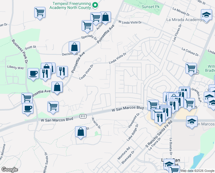 map of restaurants, bars, coffee shops, grocery stores, and more near 654 Hillhaven Drive in San Marcos