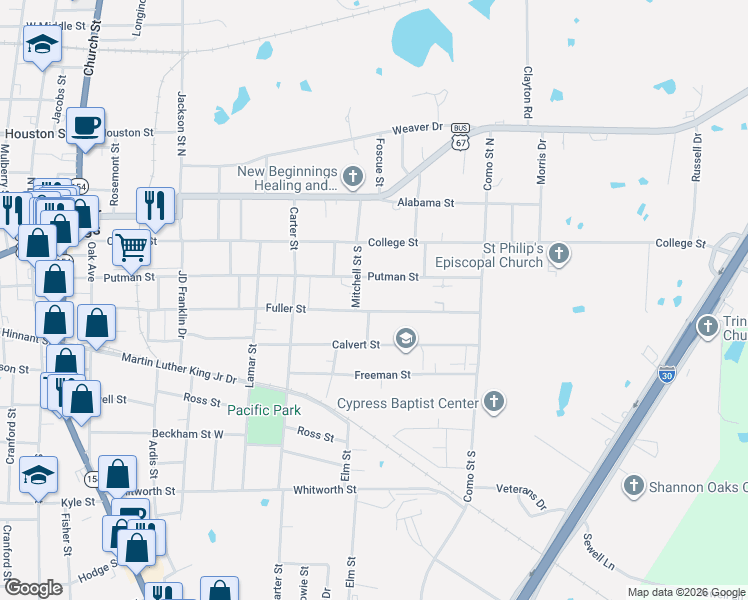 map of restaurants, bars, coffee shops, grocery stores, and more near 712 Fuller Street in Sulphur Springs