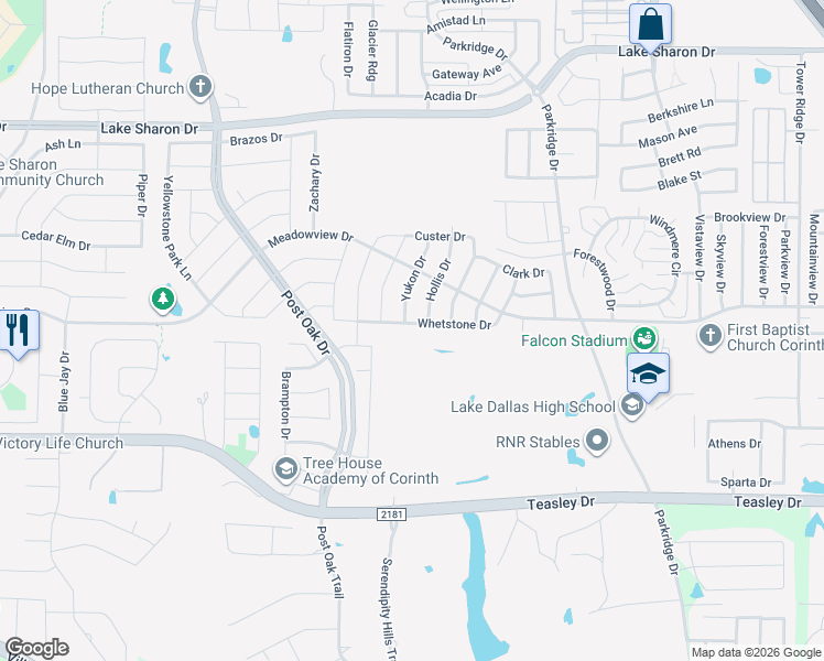 map of restaurants, bars, coffee shops, grocery stores, and more near 2510 Whetstone Dr in Corinth