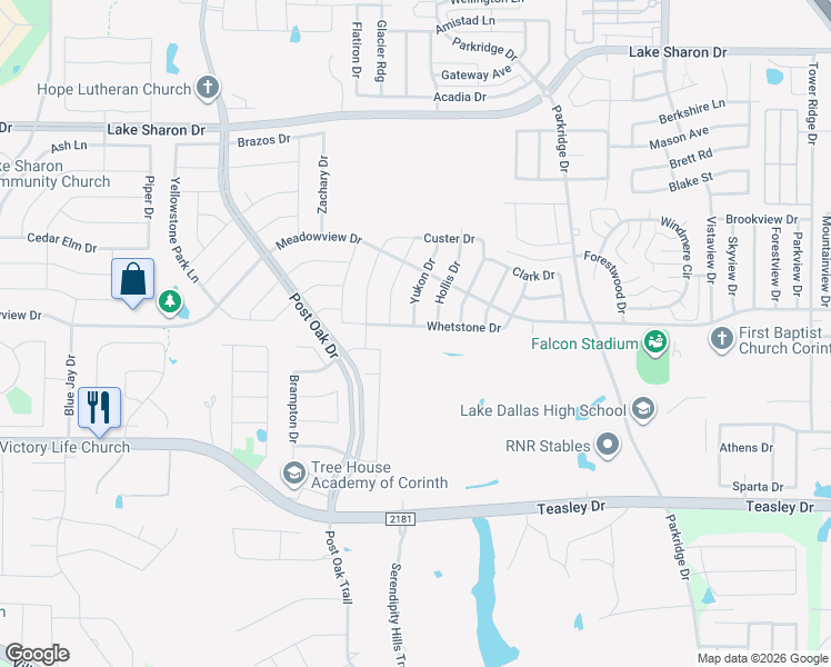 map of restaurants, bars, coffee shops, grocery stores, and more near 2510 Whetstone Drive in Corinth