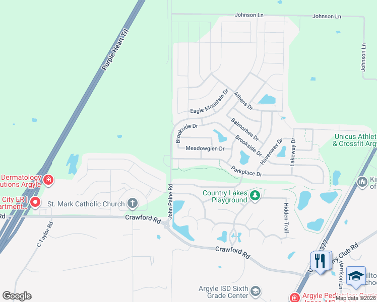 map of restaurants, bars, coffee shops, grocery stores, and more near 5921 Meadowglen Drive in Argyle