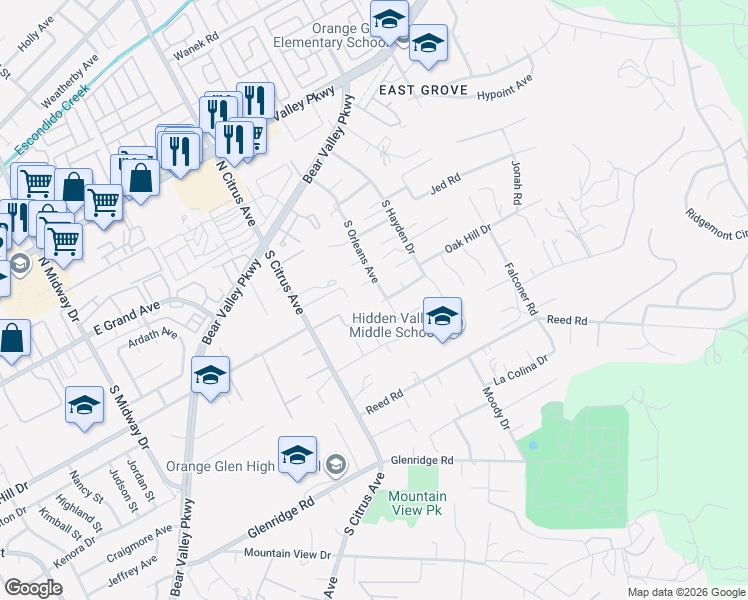 map of restaurants, bars, coffee shops, grocery stores, and more near 496 South Citrus Avenue in Escondido