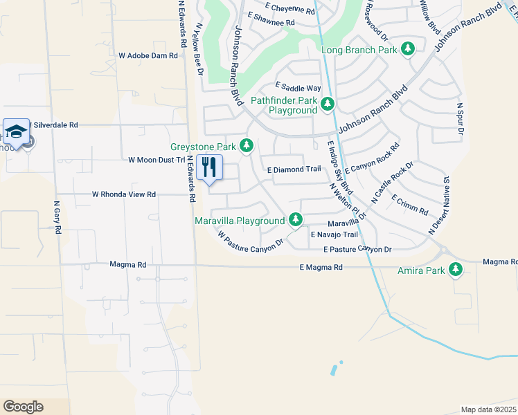 map of restaurants, bars, coffee shops, grocery stores, and more near 46 West Castle Rock Road in Queen Creek