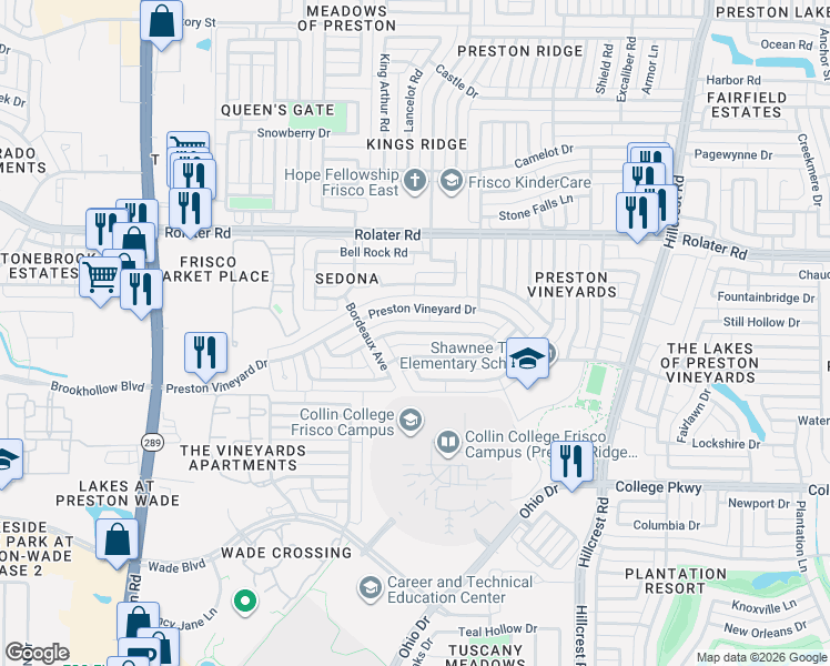 map of restaurants, bars, coffee shops, grocery stores, and more near Concord Drive in Frisco