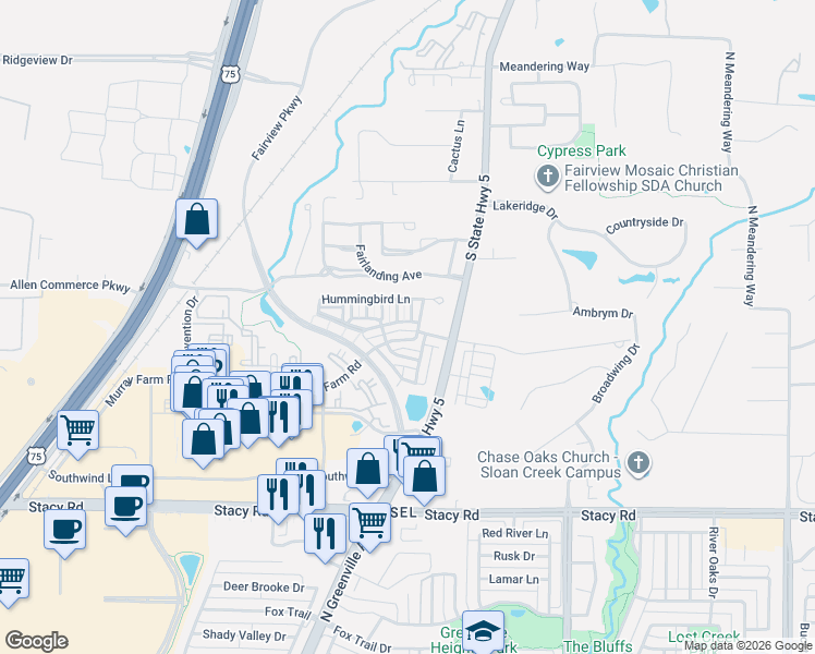 map of restaurants, bars, coffee shops, grocery stores, and more near 5715 Orchard Parkway in McKinney