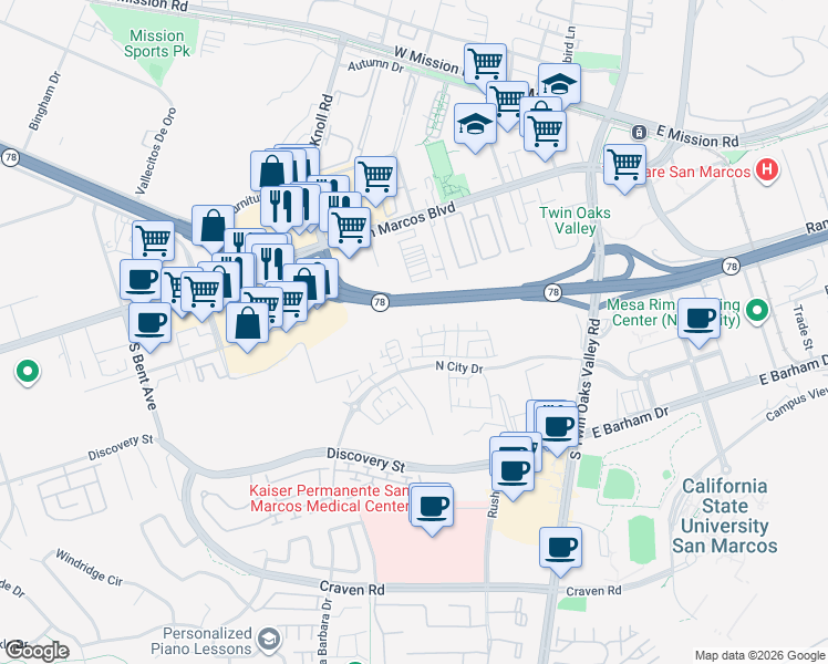 map of restaurants, bars, coffee shops, grocery stores, and more near 349 Discovery Street in San Marcos