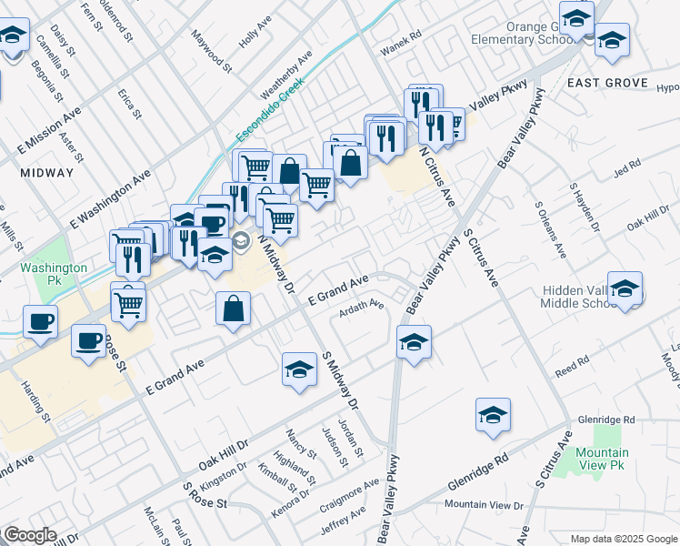 map of restaurants, bars, coffee shops, grocery stores, and more near 2094 East Grand Avenue in Escondido