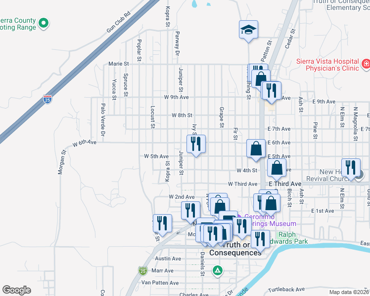 map of restaurants, bars, coffee shops, grocery stores, and more near 401-499 Juniper Street in Truth or Consequences
