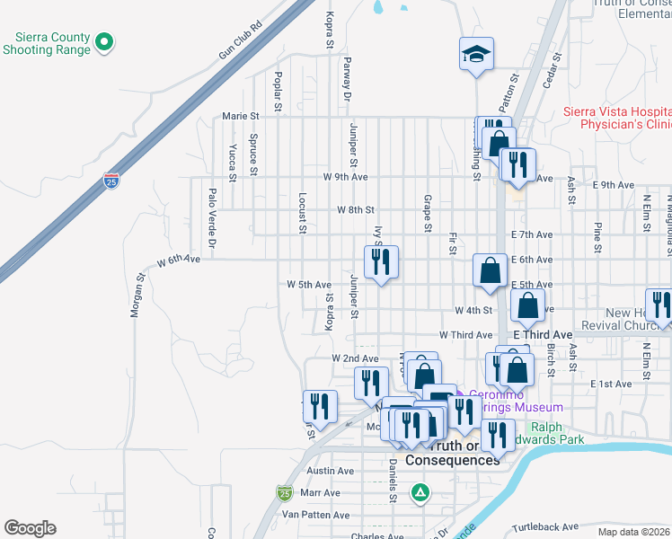 map of restaurants, bars, coffee shops, grocery stores, and more near 800-898 West 5th Avenue in Truth or Consequences