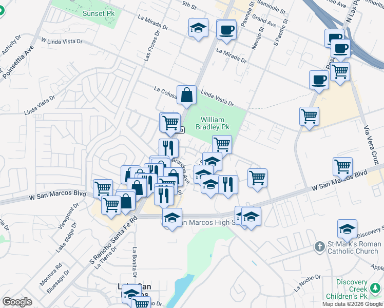 map of restaurants, bars, coffee shops, grocery stores, and more near 1554 Grandon Avenue in San Marcos