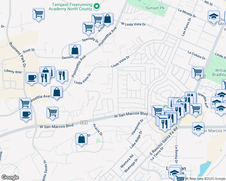 map of restaurants, bars, coffee shops, grocery stores, and more near 641 Hillhaven Drive in San Marcos