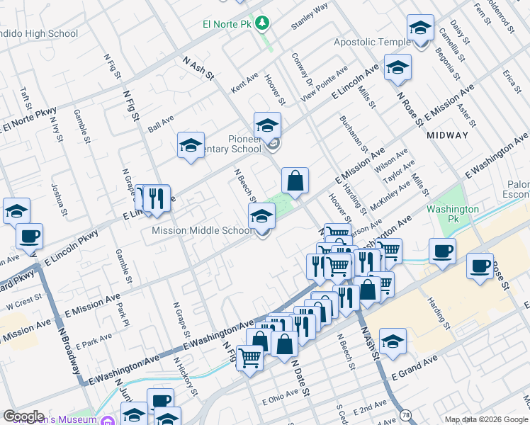 map of restaurants, bars, coffee shops, grocery stores, and more near 826 North Beech Street in Escondido
