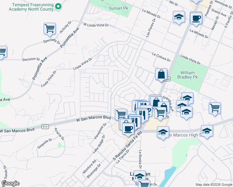 map of restaurants, bars, coffee shops, grocery stores, and more near Fir Street in San Marcos