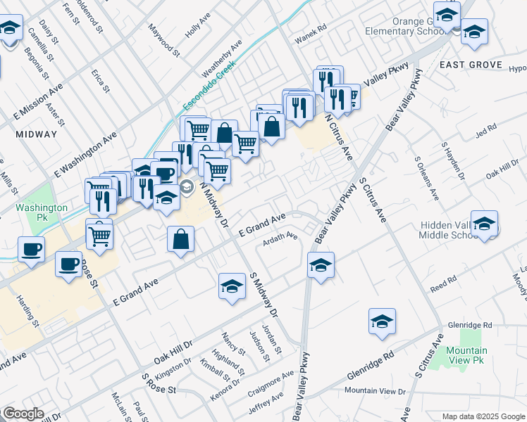 map of restaurants, bars, coffee shops, grocery stores, and more near 2094 East Grand Avenue in Escondido