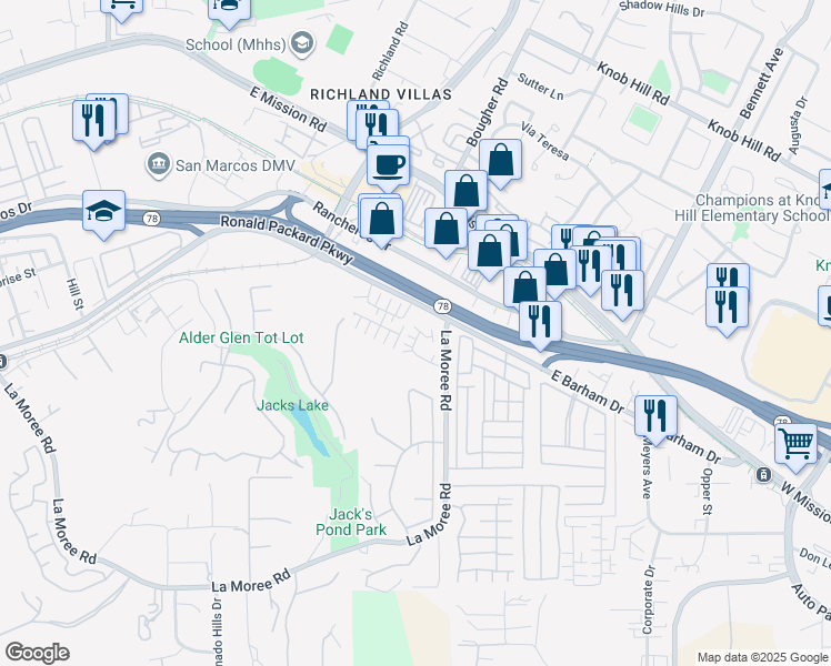 map of restaurants, bars, coffee shops, grocery stores, and more near 974 Mira Lago Way in San Marcos