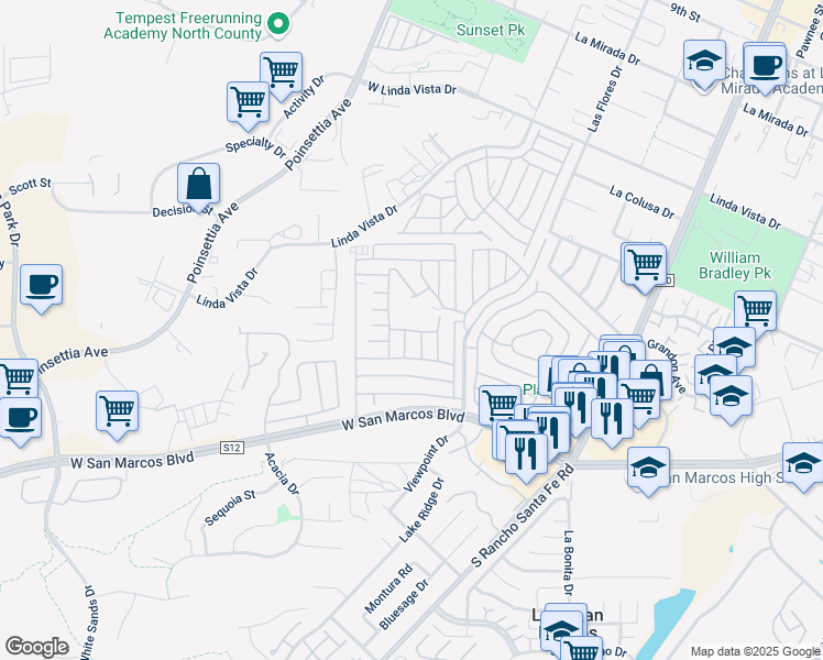map of restaurants, bars, coffee shops, grocery stores, and more near 1930 West San Marcos Boulevard in San Marcos