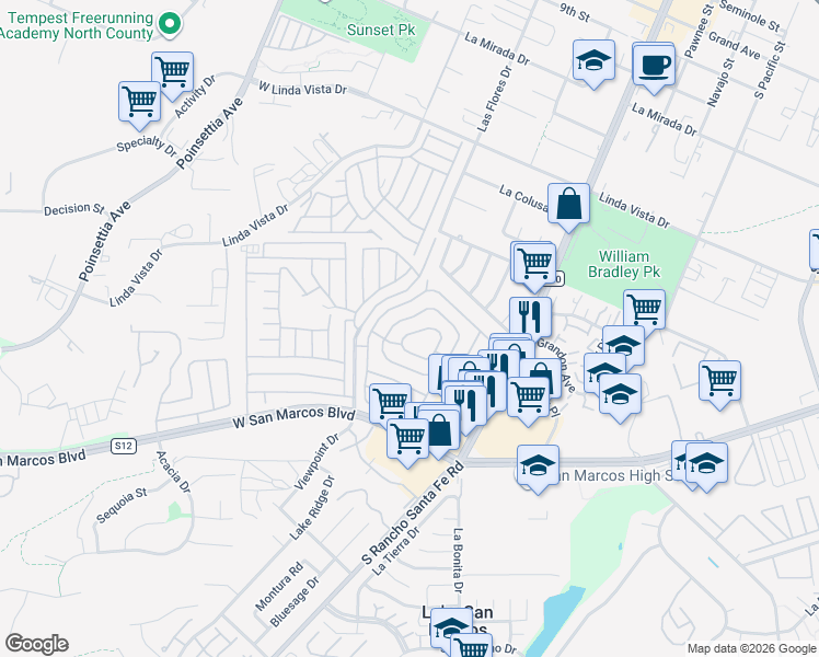 map of restaurants, bars, coffee shops, grocery stores, and more near Elm Street in San Marcos