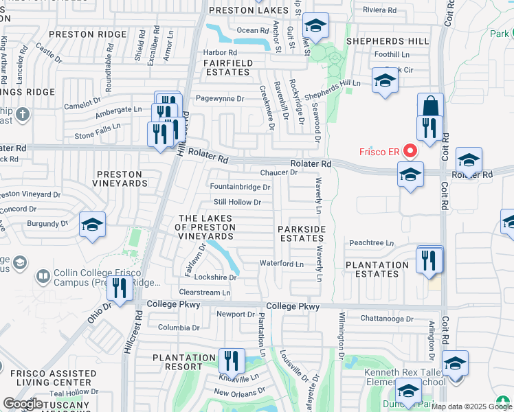 map of restaurants, bars, coffee shops, grocery stores, and more near 11463 Still Hollow Drive in Frisco