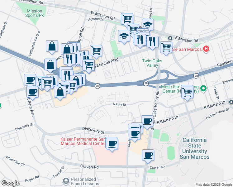 map of restaurants, bars, coffee shops, grocery stores, and more near 372 Beaker Road in San Marcos