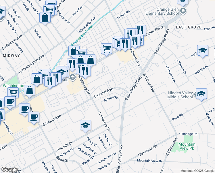 map of restaurants, bars, coffee shops, grocery stores, and more near 2094 East Grand Avenue in Escondido