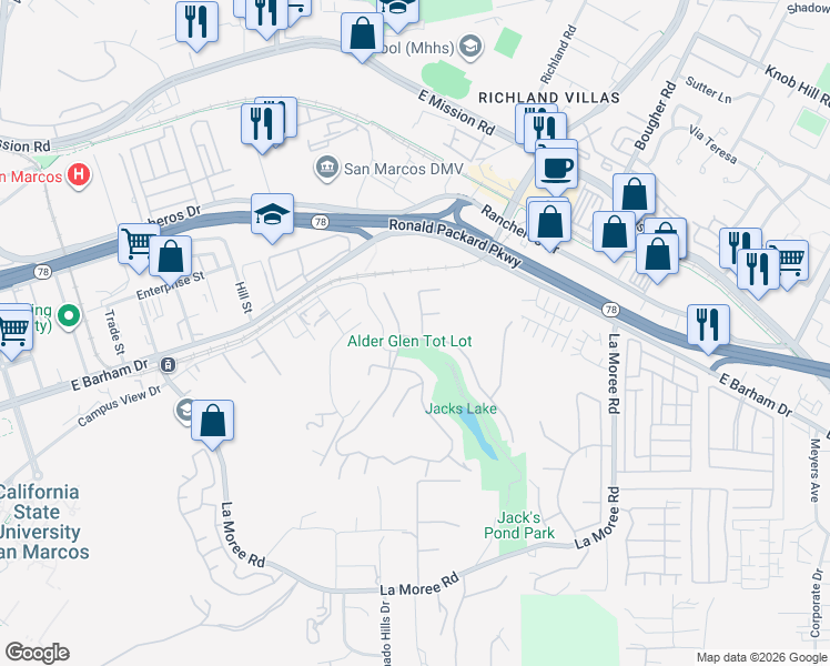 map of restaurants, bars, coffee shops, grocery stores, and more near 376 Flower Hill Way in San Marcos