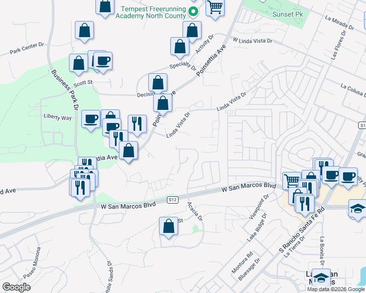 map of restaurants, bars, coffee shops, grocery stores, and more near 2010 West San Marcos Boulevard in San Marcos