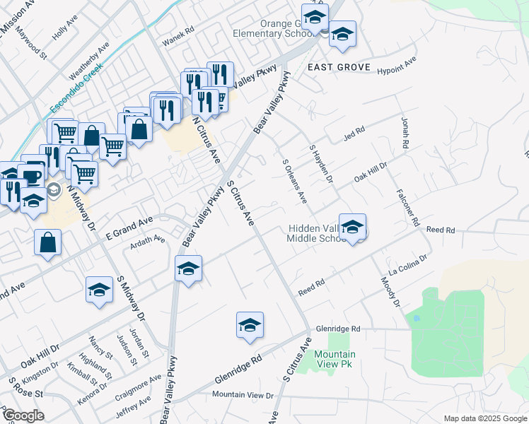 map of restaurants, bars, coffee shops, grocery stores, and more near 316 South Citrus Avenue in Escondido
